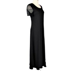 Downton Abby Style Black Beaded Evening Dress Short Sleeve Full Length Size 8